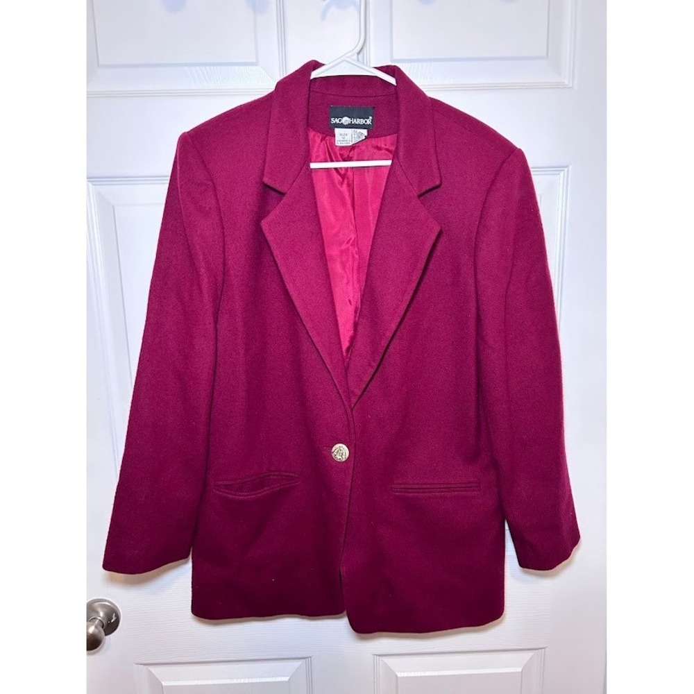 Sag Harbor 100% Wool Blazer Women's Size 12 Burgundy Shoulder Pads Button